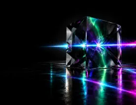 A cyan beam cuts through slower purple and green light inside a dark crystal prism, showing an attack outrunning escalation.