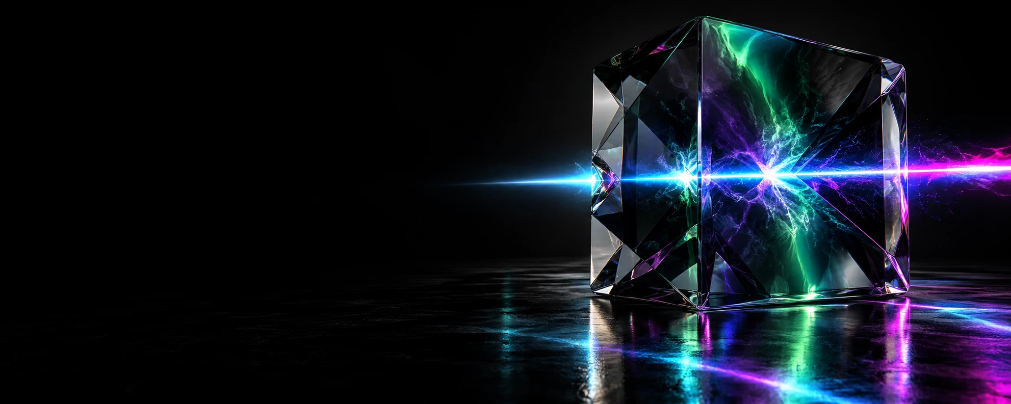 The Organisation Moves Slower Than the Attack represented by an abstract conceptual corporate graphic on a reflective black background illustrating the speed mismatch of an intrusion. A large, dark crystal prism is filled with slow, diffused waves of deep purple and emerald green light representing escalation delay. A sharp, high-speed laser beam of electric magenta and neon cyan light slices horizontally through the center, cleanly cutting the slower pathways to illustrate how an attack outpaces institutional decision-making. Left side is clean dark negative space for text placement.
