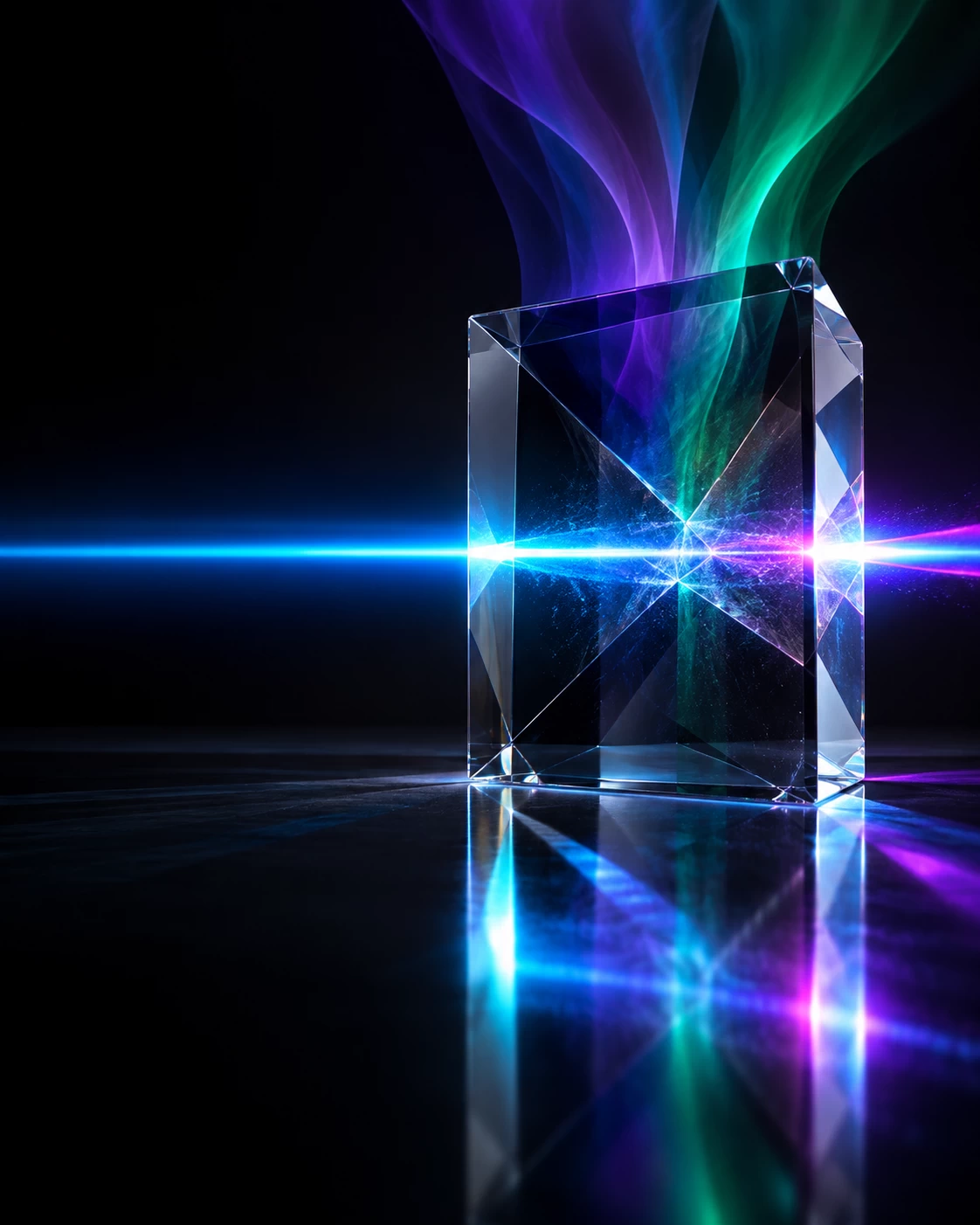 The Organisation Moves Slower Than the Attack represented by an abstract conceptual corporate graphic on a reflective black background illustrating the speed mismatch of an intrusion. A large, dark crystal prism is filled with slow, diffused waves of deep purple and emerald green light representing escalation delay. A sharp, high-speed laser beam of electric magenta and neon cyan light slices horizontally through the center, cleanly cutting the slower pathways to illustrate how an attack outpaces institutional decision-making. Left side is clean dark negative space for text placement.