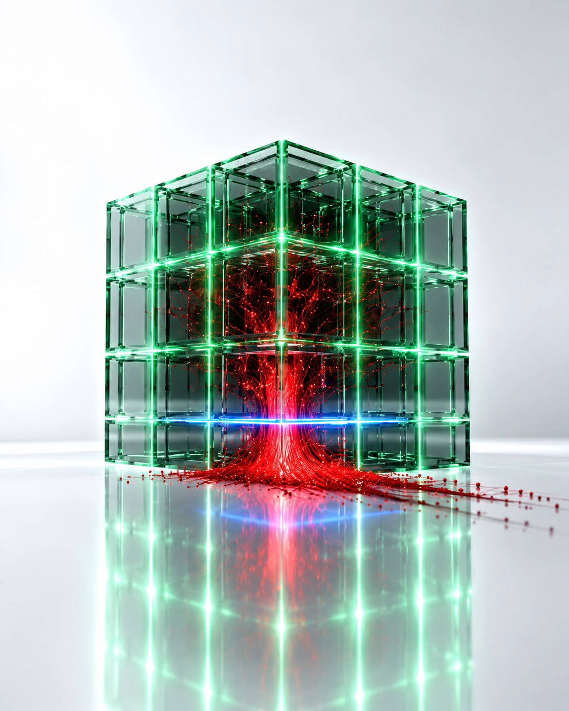 The Dashboard Was Green. The Data Was Gone. Represented by a premium conceptual abstract graphic on a reflective white background illustrating the green dashboard illusion. A sapphire glass cubic matrix on the right glows with a calm emerald-green outer grid, while a hidden red threat stream silently escapes from its core, intercepted and isolated at the base by a razor-sharp neon light-blue containment line to leave the wide left half pristine for text.