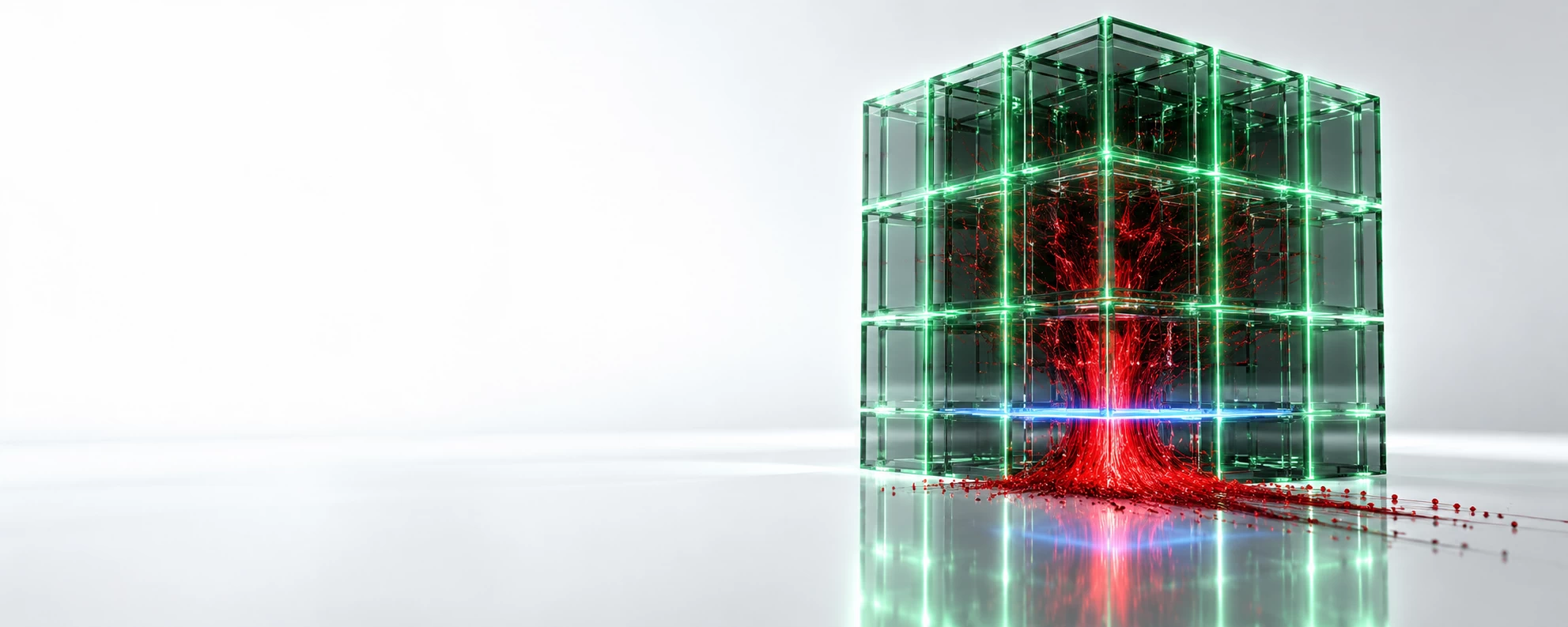 The Dashboard Was Green. The Data Was Gone. Represented by a premium conceptual abstract graphic on a reflective white background illustrating the green dashboard illusion. A sapphire glass cubic matrix on the right glows with a calm emerald-green outer grid, while a hidden red threat stream silently escapes from its core, intercepted and isolated at the base by a razor-sharp neon light-blue containment line to leave the wide left half pristine for text.