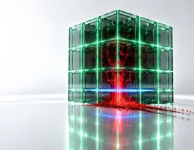 The Dashboard Was Green. The Data Was Gone. Represented by a premium conceptual abstract graphic on a reflective white background illustrating the green dashboard illusion. A sapphire glass cubic matrix on the right glows with a calm emerald-green outer grid, while a hidden red threat stream silently escapes from its core, intercepted and isolated at the base by a razor-sharp neon light-blue containment line to leave the wide left half pristine for text.