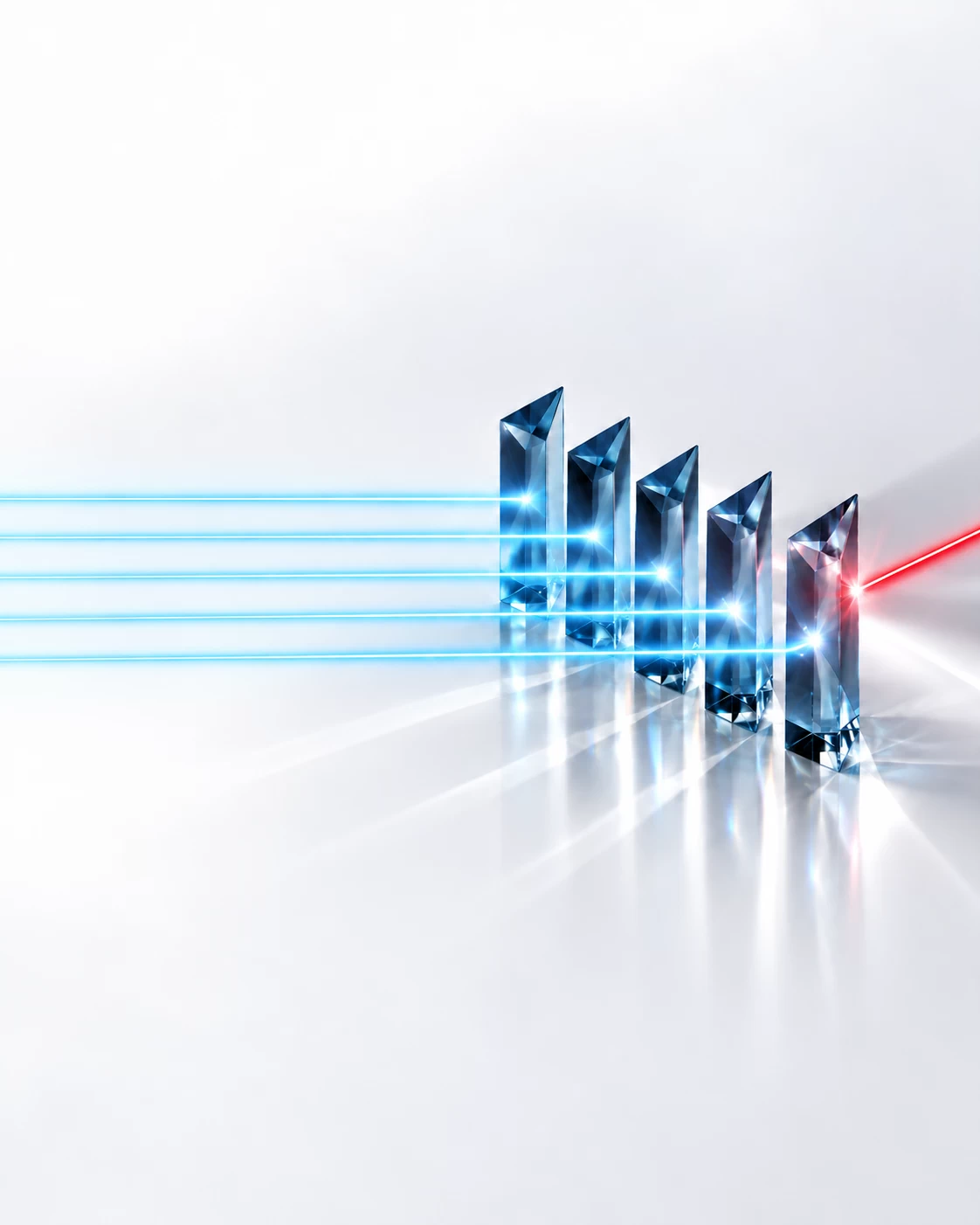 The Decisions That Define the Outcome represented by a premium conceptual abstract graphic on a reflective white background illustrating crisis decision framework. A single red threat beam enters a structured array of five sapphire glass prisms on the right, which cleanly sort and refract the light into five orderly neon light-blue pathways to demonstrate executive control under pressure, leaving the wide left half pristine for text