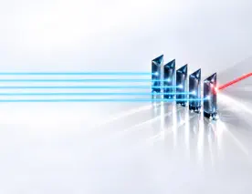 The Decisions That Define the Outcome represented by a premium conceptual abstract graphic on a reflective white background illustrating crisis decision framework. A single red threat beam enters a structured array of five sapphire glass prisms on the right, which cleanly sort and refract the light into five orderly neon light-blue pathways to demonstrate executive control under pressure, leaving the wide left half pristine for text