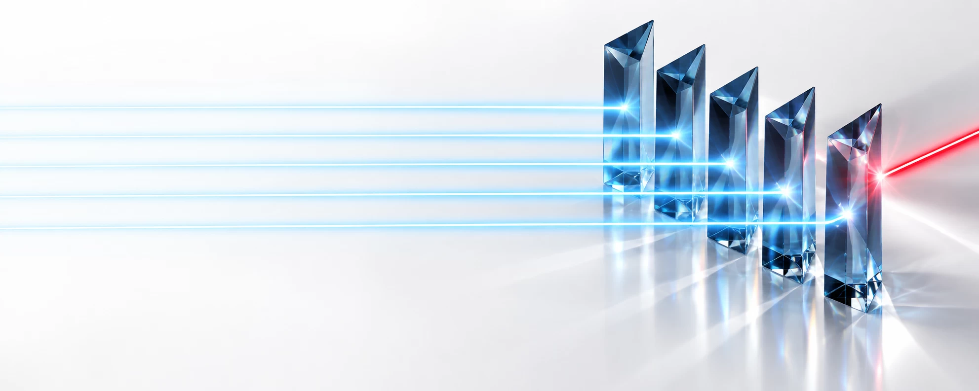 The Decisions That Define the Outcome represented by a premium conceptual abstract graphic on a reflective white background illustrating crisis decision framework. A single red threat beam enters a structured array of five sapphire glass prisms on the right, which cleanly sort and refract the light into five orderly neon light-blue pathways to demonstrate executive control under pressure, leaving the wide left half pristine for text