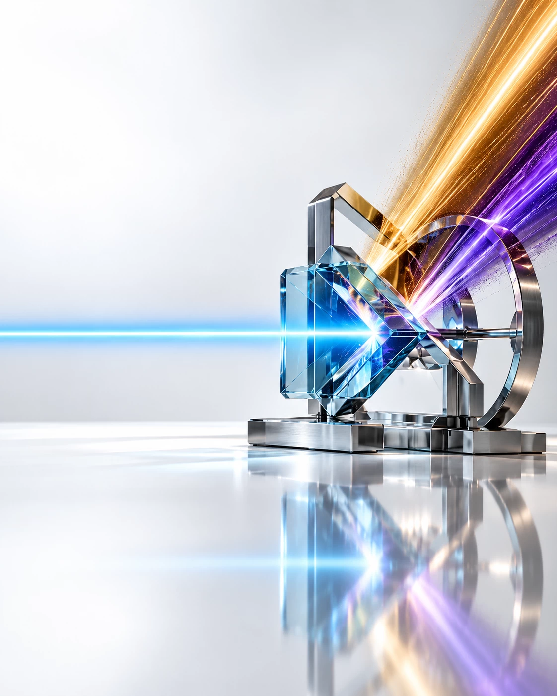 Conceptual 3D visual of a sapphire-glass and titanium balance mechanism stabilising volatile legal and governance pressure into an orderly pathway.