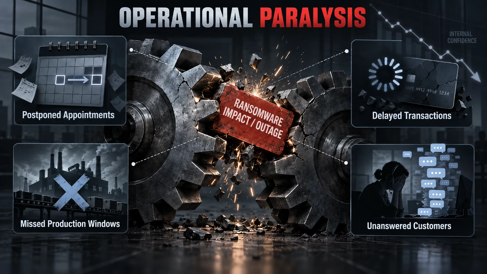 Infographic titled “Operational Paralysis” showing a ransomware outage jammed between two broken industrial gears, with surrounding panels illustrating postponed appointments, delayed transactions, missed production windows and unanswered customers, plus a declining internal confidence trend.