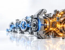 Conceptual 3D engineering visual of connected gears where a titanium brake stops a cascading amber disruption, representing financial and operational impact control.
