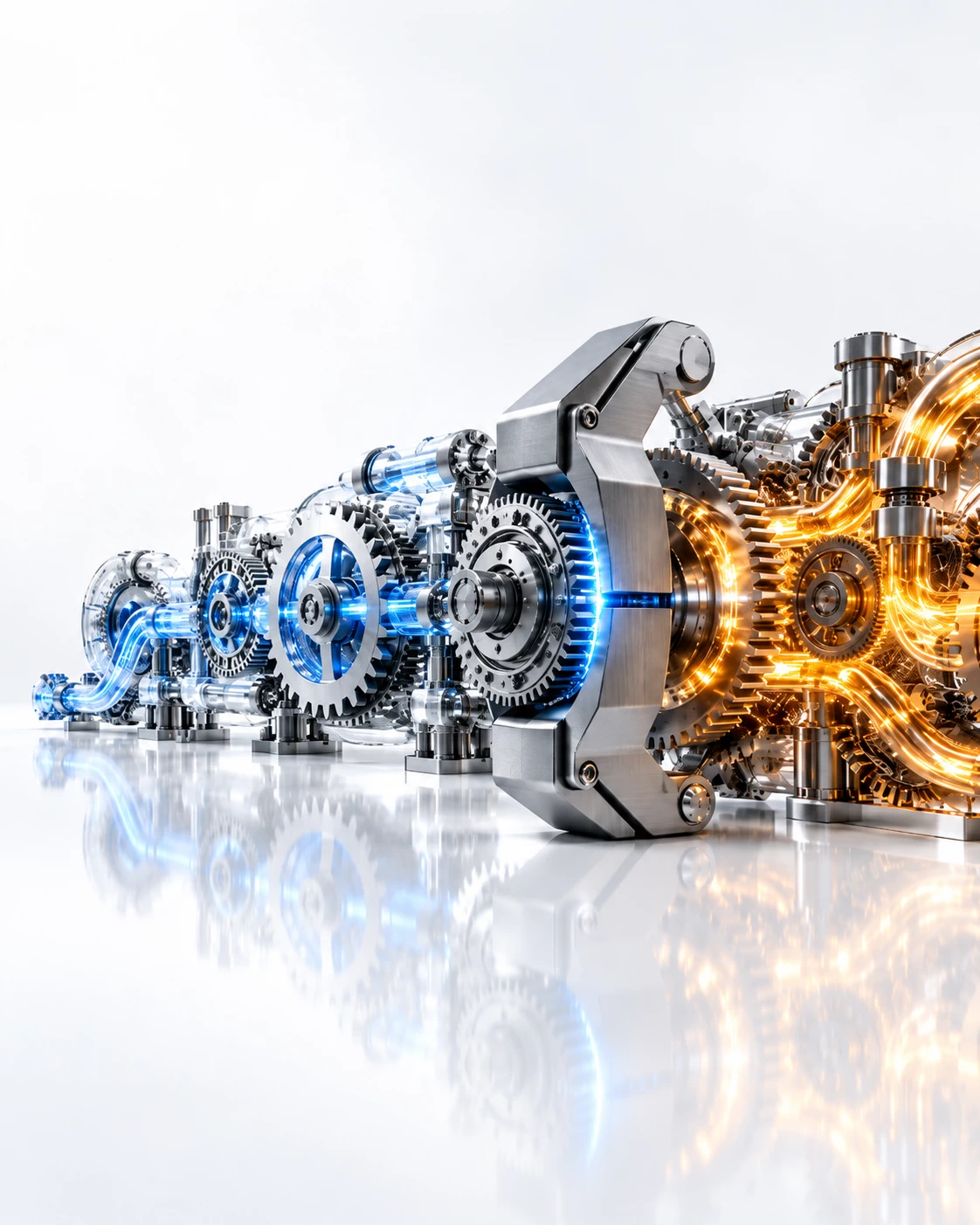 Conceptual 3D engineering visual of connected gears where a titanium brake stops a cascading amber disruption, representing financial and operational impact control.