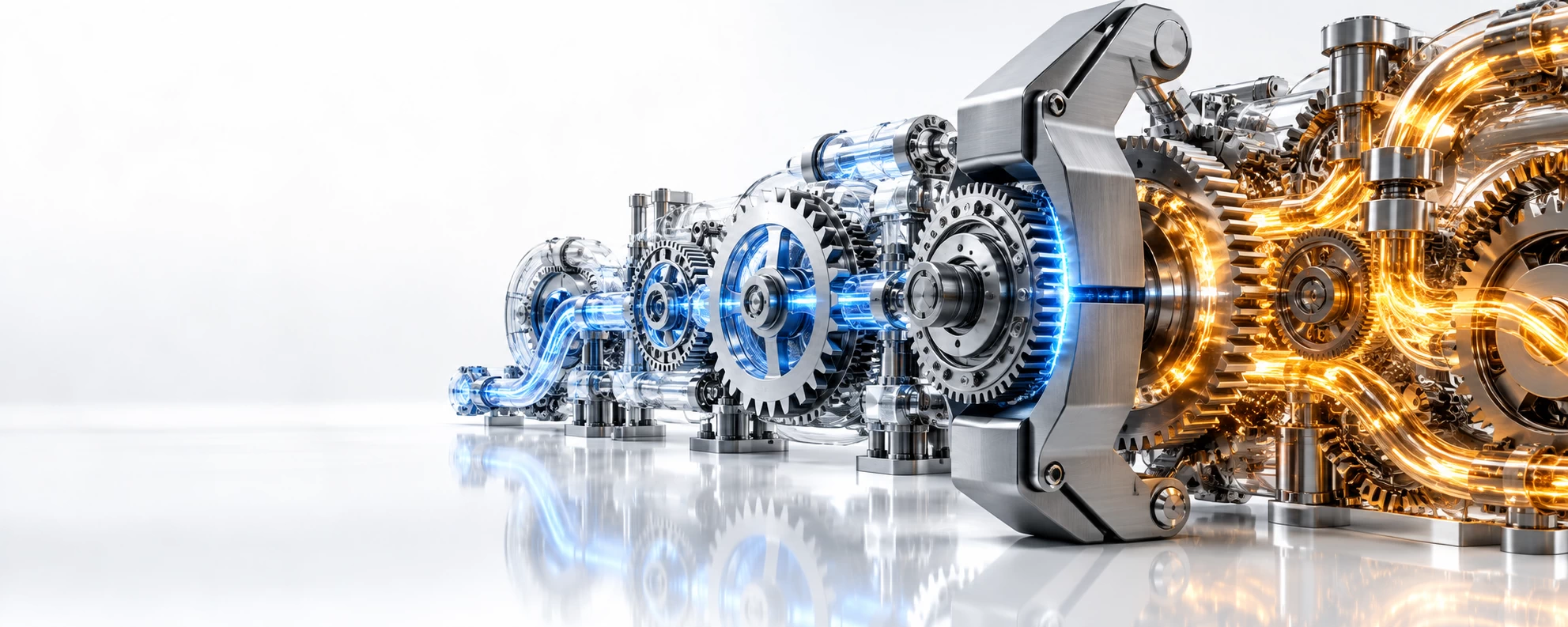 Conceptual 3D engineering visual of connected gears where a titanium brake stops a cascading amber disruption, representing financial and operational impact control.