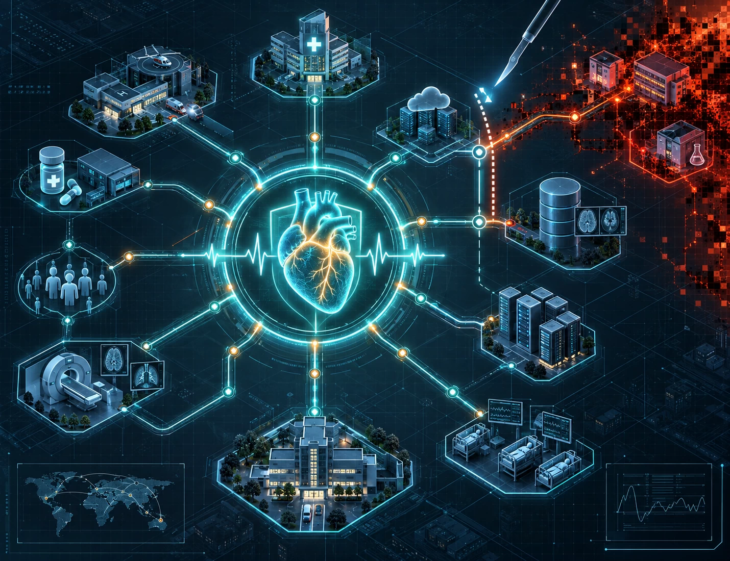 A modern digital blueprint illustrating the healthcare security dilemma of network isolation versus patient care. In the center, a glowing teal EKG line represents continuous emergency operations. Branching outward are interconnected network nodes representing pharmacy routes, server workloads, and data stores. From one side, a dark orange-red pixelated grid represents creeping ransomware. A precise, dotted boundary line and digital cursor hover between the two zones, visualizing the high-stakes decision of where to surgically disconnect the network to contain the threat without shutting down critical clinical care.