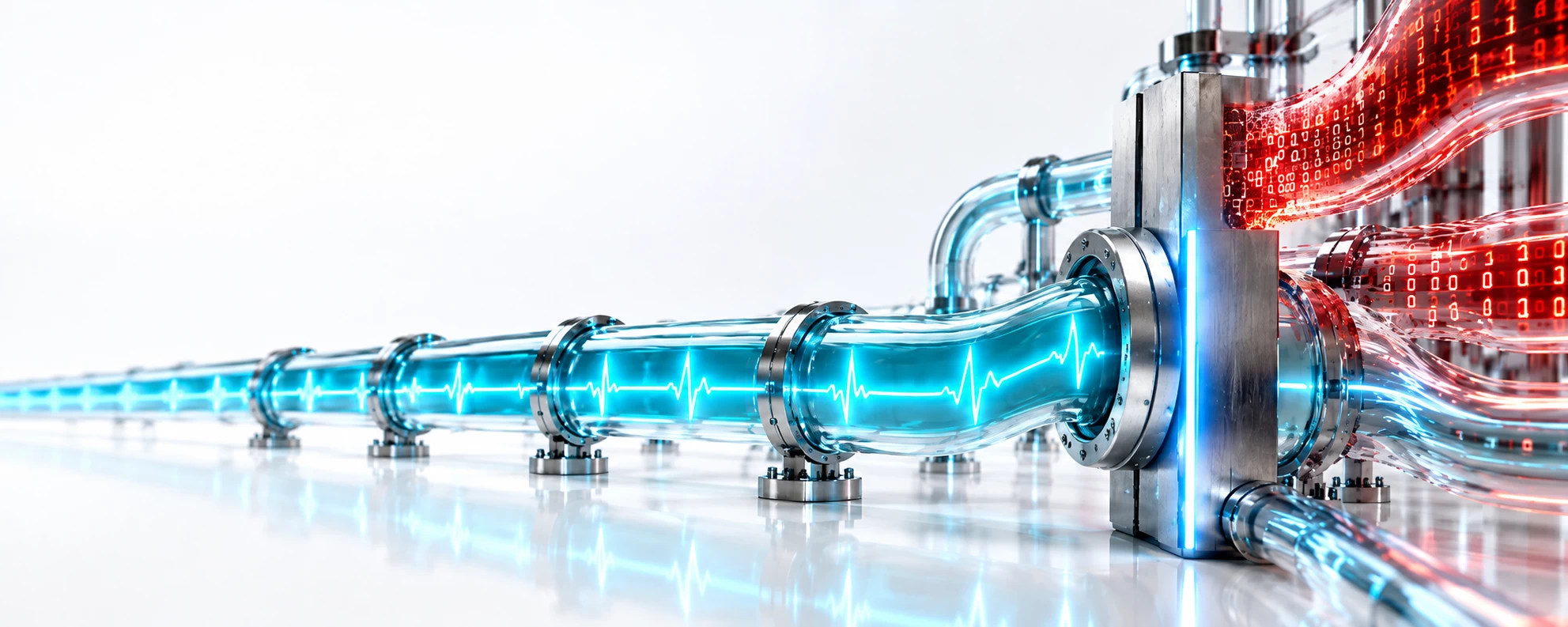 Healthcare sector represented by a premium conceptual abstract graphic on a reflective white background illustrating healthcare care-governability. A sapphire glass network on the right carries a continuous, glowing teal EKG pulse representing clinical operations, while an incoming red threat stream is cleanly intercepted and isolated by a vertical brushed-titanium block outlined in a vibrant neon light-blue glow, ensuring care continuity remains entirely stable and unaffected on the left.