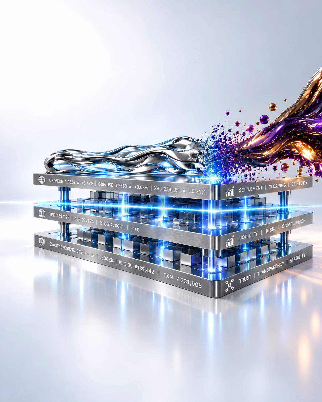 Finance sector represented by a premium conceptual abstract graphic on a reflective white background illustrating financial transaction trust. A multi-layered sapphire glass and titanium settlement matrix with vertical edges of the polished titanium grid plates feature razor-sharp, micro-etched financial transaction streams, market tickers, and cryptographic ledger data glowing faintly in a clean white hue, anchoring the sculpture directly to an elite global banking infrastructure. On the right carries a smooth stream of liquid silver data, while an incoming purple threat vector is cleanly filtered and isolated by a central horizontal containment plane of vibrant neon light-blue light, ensuring the transaction flow on the left remains calm, trusted, and protected.