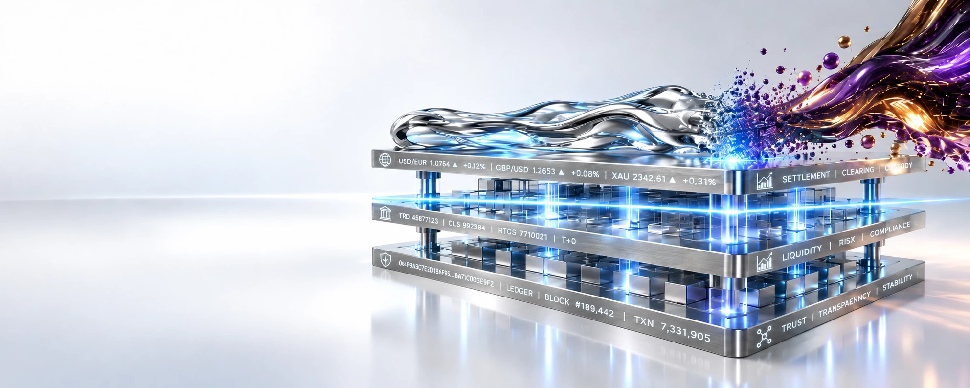 Finance sector represented by a premium conceptual abstract graphic on a reflective white background illustrating financial transaction trust. A multi-layered sapphire glass and titanium settlement matrix with vertical edges of the polished titanium grid plates feature razor-sharp, micro-etched financial transaction streams, market tickers, and cryptographic ledger data glowing faintly in a clean white hue, anchoring the sculpture directly to an elite global banking infrastructure. On the right carries a smooth stream of liquid silver data, while an incoming purple threat vector is cleanly filtered and isolated by a central horizontal containment plane of vibrant neon light-blue light, ensuring the transaction flow on the left remains calm, trusted, and protected.