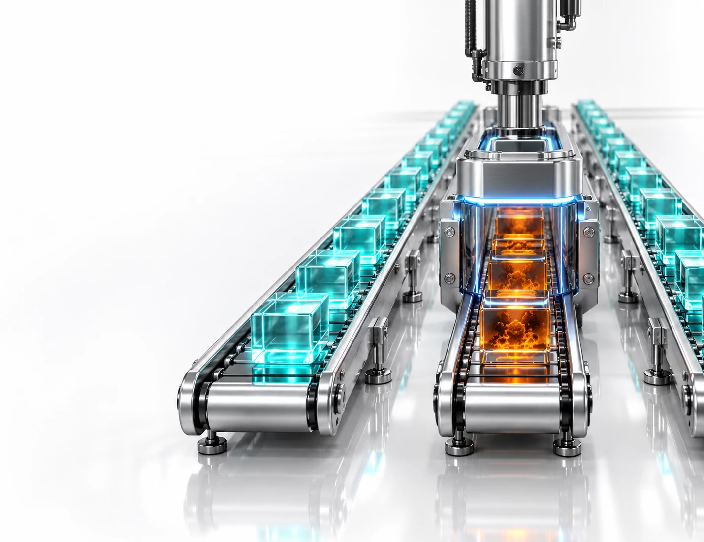 A premium conceptual engineering graphic on a reflective white background illustrating a manufacturing isolation dilemma. Three horizontal silver tracks run across the floor, with the two outer paths carrying calm, ongoing teal production lines. An automated brushed-chrome routing arm, outlined in a vibrant neon light-blue containment glow, has dropped down to isolate a compromised center path carrying a deep-amber threat pulse, demonstrating selective isolation without halting broader factory operations.