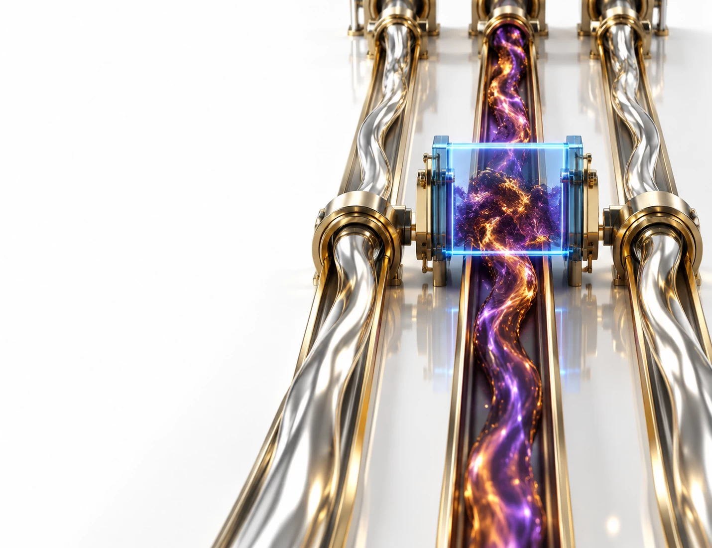 A premium conceptual tech graphic on a reflective white background illustrating a financial isolation dilemma. Three horizontal platinum-gold paths run across the floor, with the two outer paths carrying calm, ongoing transactional flows. A central sapphire glass gate, outlined in a vibrant neon light-blue containment glow, has dropped down to isolate an unverified center path carrying an amber and purple threat pulse, demonstrating selective containment without interrupting broader client market operations.