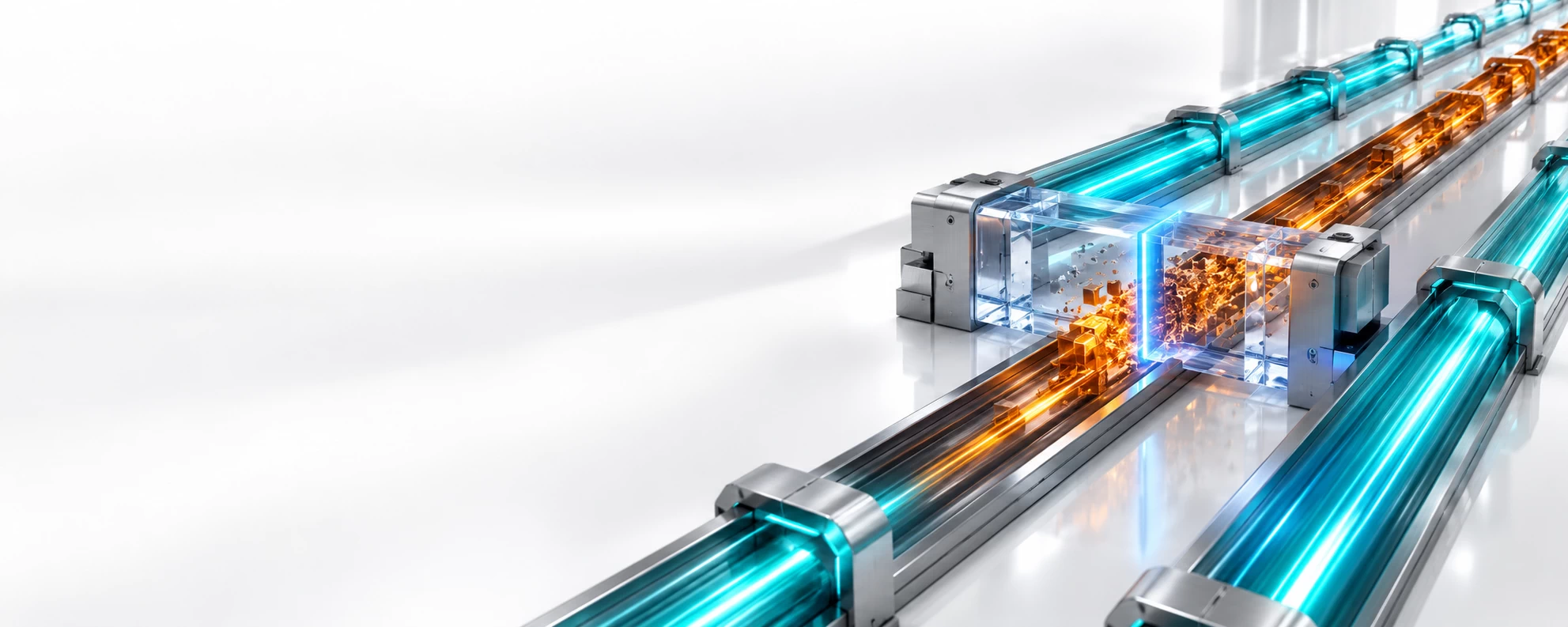 Manufacturing sector represented by a premium conceptual engineering graphic on a reflective white background illustrating manufacturing production continuity. A silver titanium multi-track system on the right carries ongoing, safe teal production streams, while an incoming deep-amber threat pulse on the center track is cleanly intercepted and isolated by a sapphire glass barrier emitting a sharp neon light-blue containment line, ensuring the broader factory operations on the left continue to run smoothly and securely.