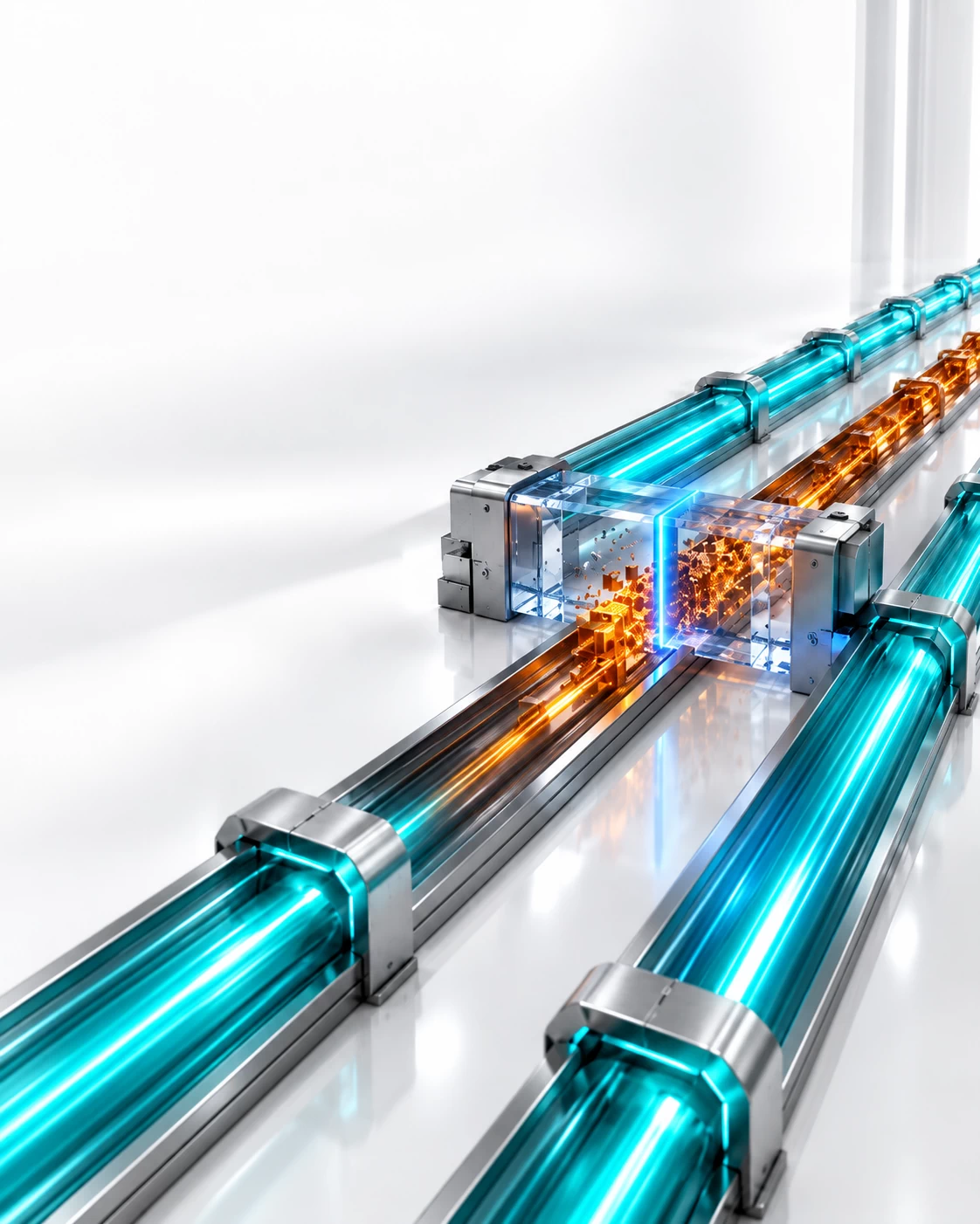 Manufacturing sector represented by a premium conceptual engineering graphic on a reflective white background illustrating manufacturing production continuity. A silver titanium multi-track system on the right carries ongoing, safe teal production streams, while an incoming deep-amber threat pulse on the center track is cleanly intercepted and isolated by a sapphire glass barrier emitting a sharp neon light-blue containment line, ensuring the broader factory operations on the left continue to run smoothly and securely.