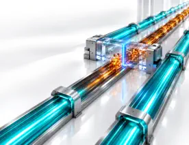 Conceptual 3D manufacturing visual of parallel production streams where an incoming threat pulse is isolated, preserving continuity across factory operations.