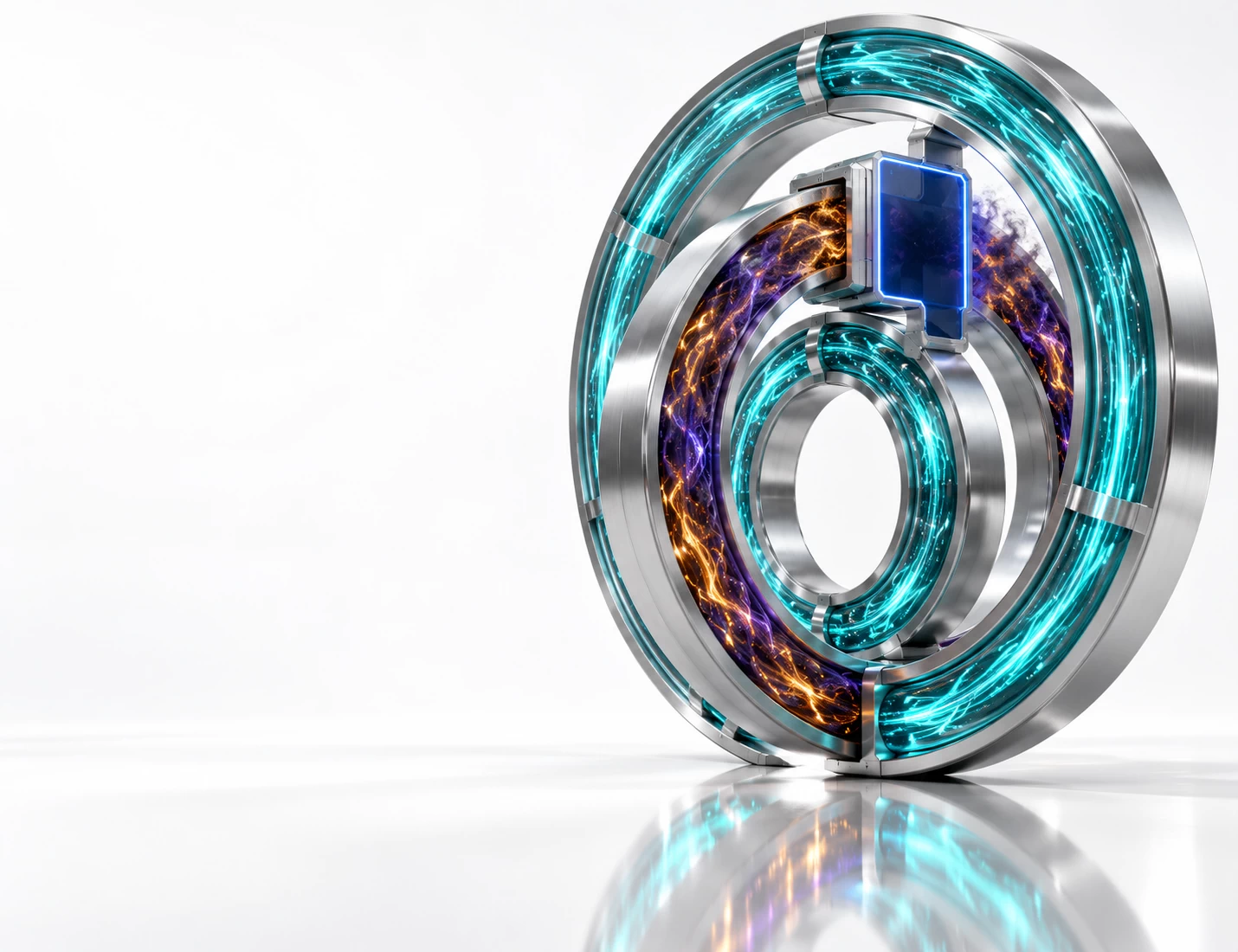 Leadership dilemma for critical industries represented by a premium conceptual infrastructure graphic on a reflective white background illustrating a critical industries isolation dilemma. A concentric system of interlocking titanium rings on the right carries calm, continuous teal utility streams in its outer and inner loops. A central sapphire glass shutter, outlined in a vibrant neon light-blue containment glow, has dropped down to isolate an unverified middle ring track carrying a deep-amber and purple threat wave, demonstrating selective containment without triggering a wider public sector freeze.