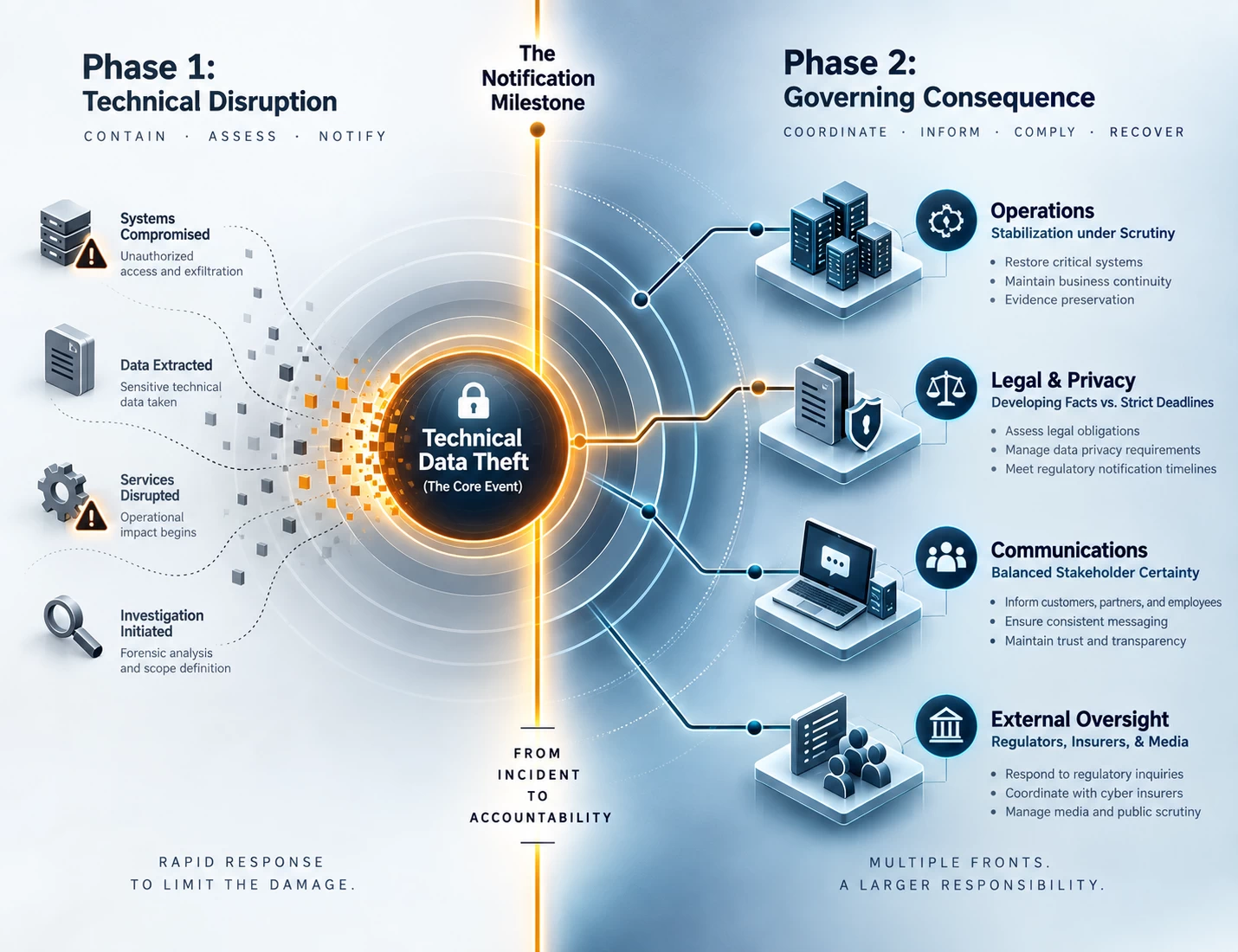 Executive infographic demonstrating the multi-front governance challenge of data theft. It maps how a core technical data-theft incident ripples outward into simultaneous operational, legal, communication, and regulatory challenges, showing that public notification marks the beginning of a massive secondary governance phase rather than the end of the event.