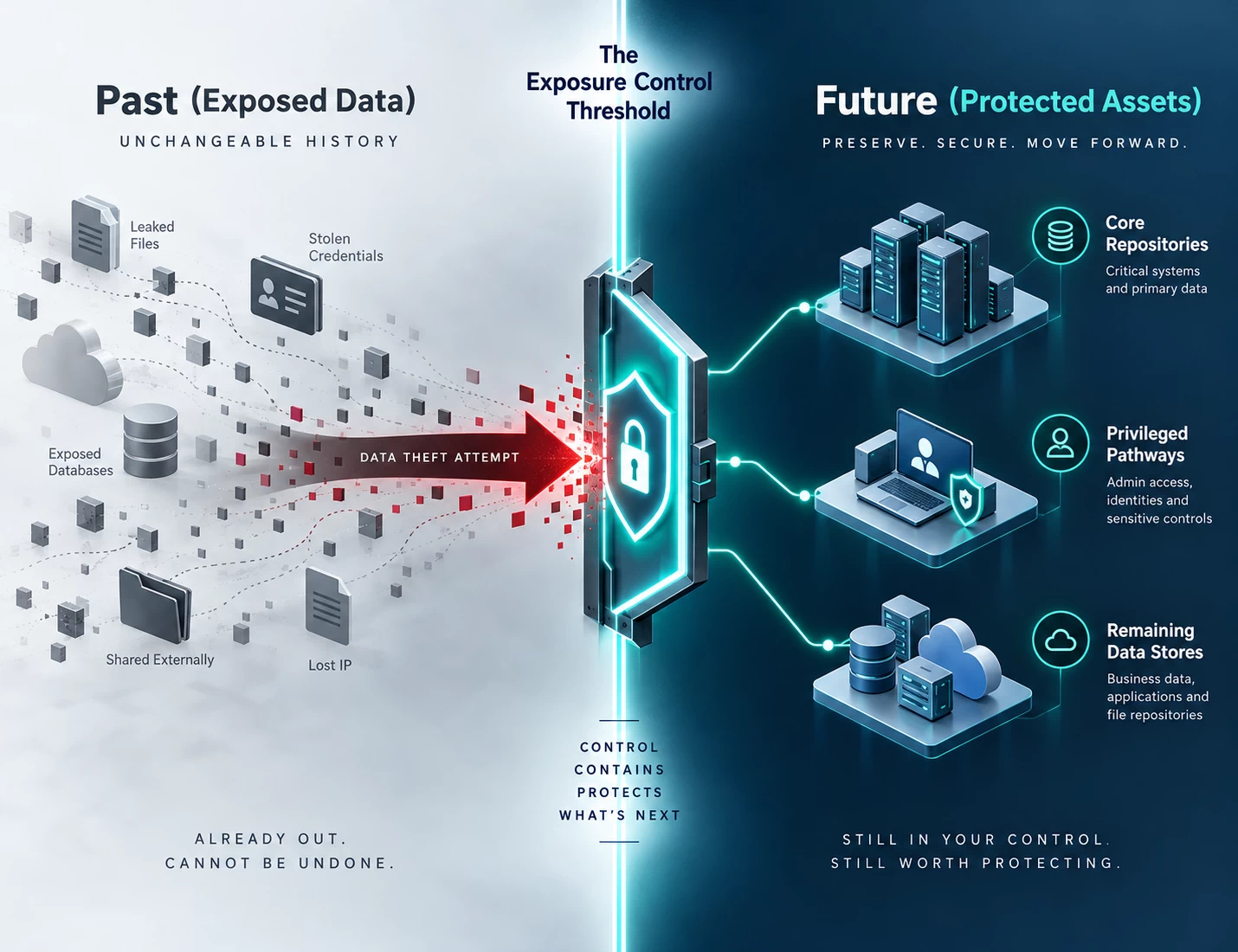 Exposure control threshold separating already exposed data from protected assets, showing how containment limits further loss after data theft begins.