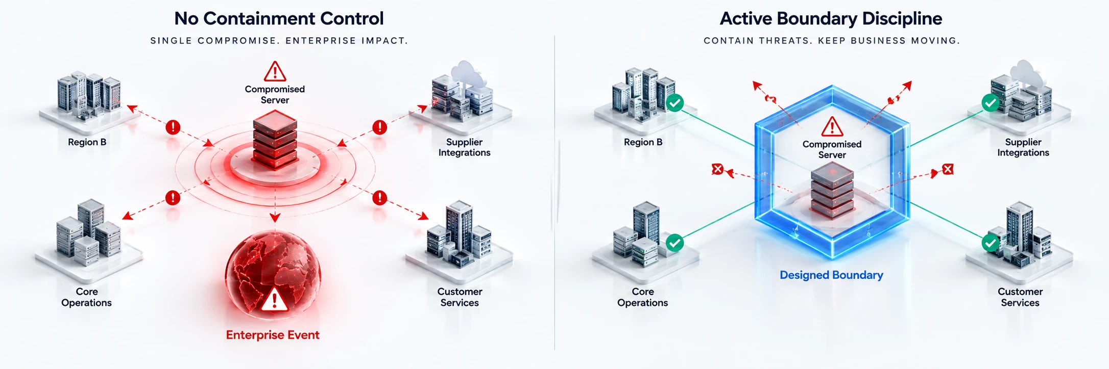 Infographic comparing no containment control with active boundary discipline, showing a compromised server spreading across the enterprise on the left and being isolated within a designed boundary on the right while core operations, customer services, supplier integrations and Region B remain protected.