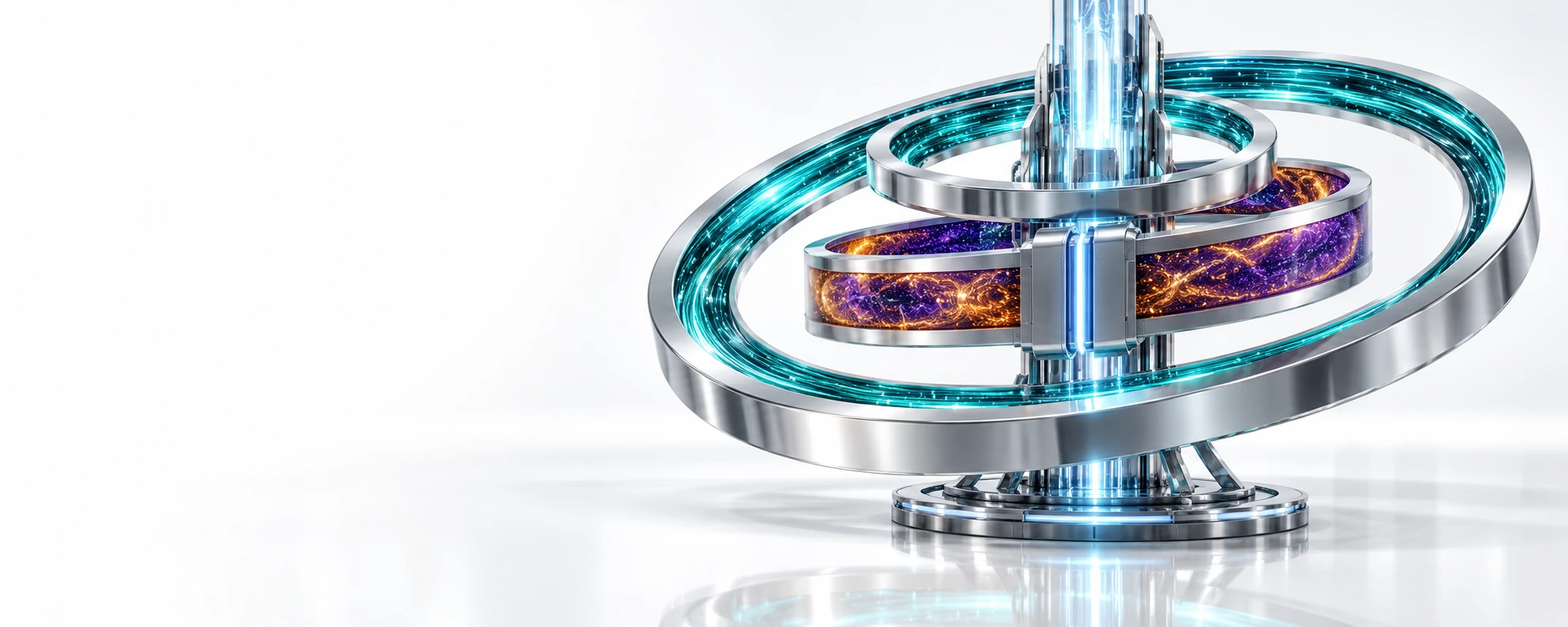 Critical industries represented by A premium conceptual engineering graphic on a reflective white background illustrating critical infrastructure continuity. An interlocking concentric titanium ring matrix on the right carries calm, ongoing teal public utility streams, while an incoming deep-amber and purple threat wave on a middle loop is cleanly intercepted and isolated at the core spire by a sharp neon light-blue containment line, ensuring the wider essential services on the left continue to run smoothly and securely.