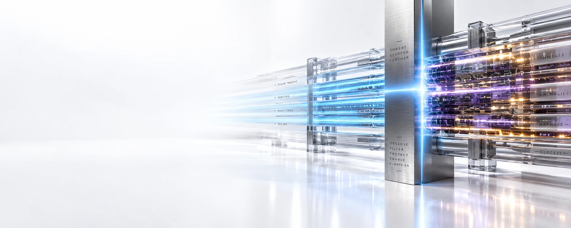 "Why Mature Security Stacks Still Fail Under Pressure" represented by a premium conceptual engineering graphic on a reflective white background illustrating the digital stenographer problem. A matrix of sapphire glass conduits on the right, filled with violet and copper monitoring telemetry streams, is cleanly bisected and sealed by a vertical brushed-titanium blade outlined in a vibrant neon light-blue edge glow, demonstrating visibility transforming into active operational containment while the left side remains pristine for text placement