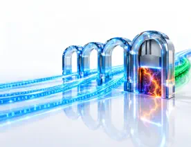 A titanium shutter isolates an orange and purple session inside sapphire identity archways while blue data streams continue.