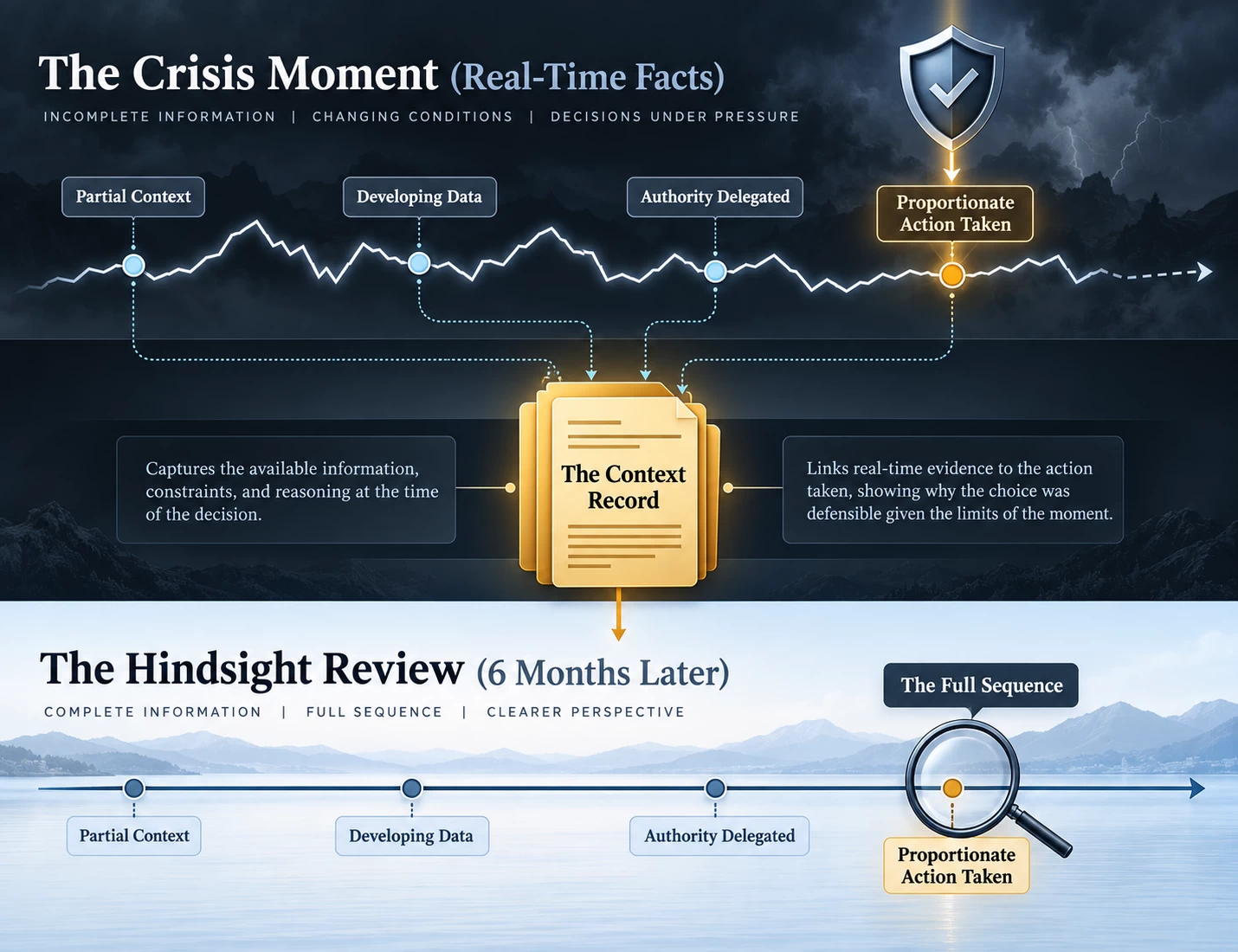 Cyber crisis timeline showing a context record that makes proportionate action traceable from real-time uncertainty to a later hindsight review.