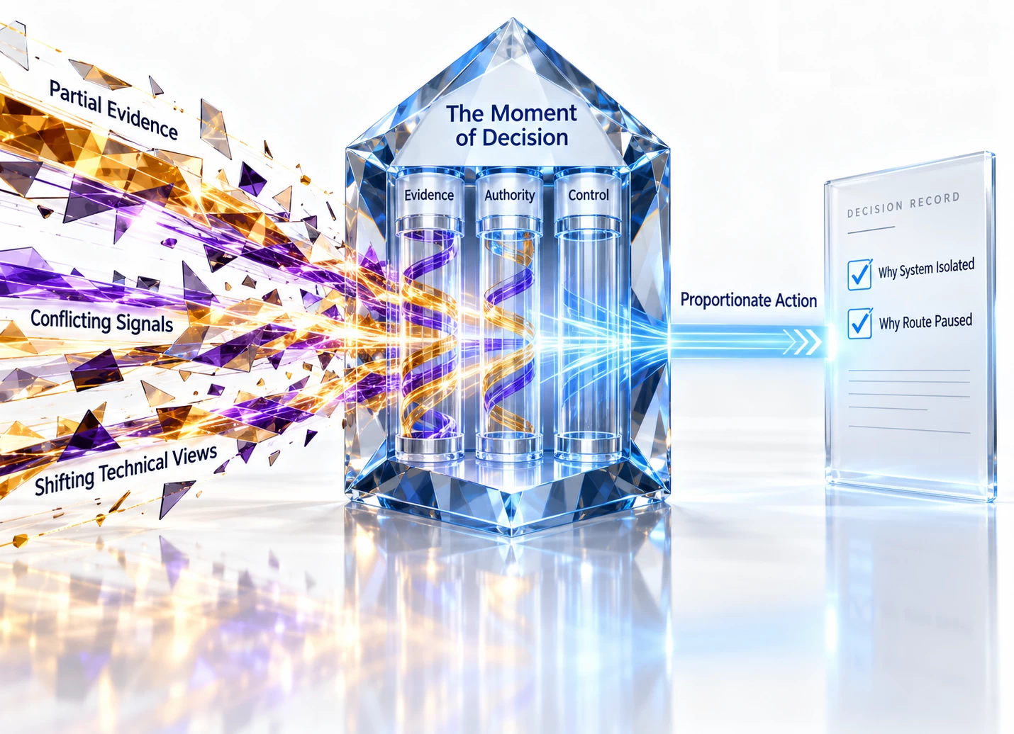 Conflicting evidence and technical signals passing through a decision prism into a documented proportionate action, representing defensible action under uncertainty.