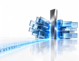 Conceptual 3D visual of volatile sapphire-glass panels being stabilised by a titanium pillar, representing immediate containment when an organisation has been hacked.