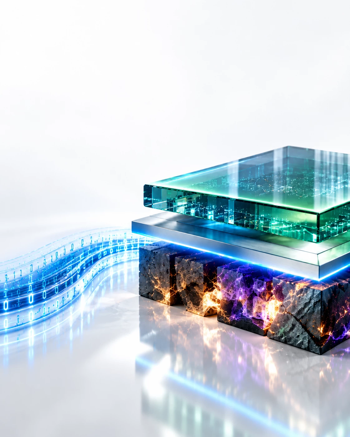 Conceptual 3D visual of a calm green surface masking volatile ransomware exposure underneath, isolated by a titanium containment plane to show why payment is not recovery.