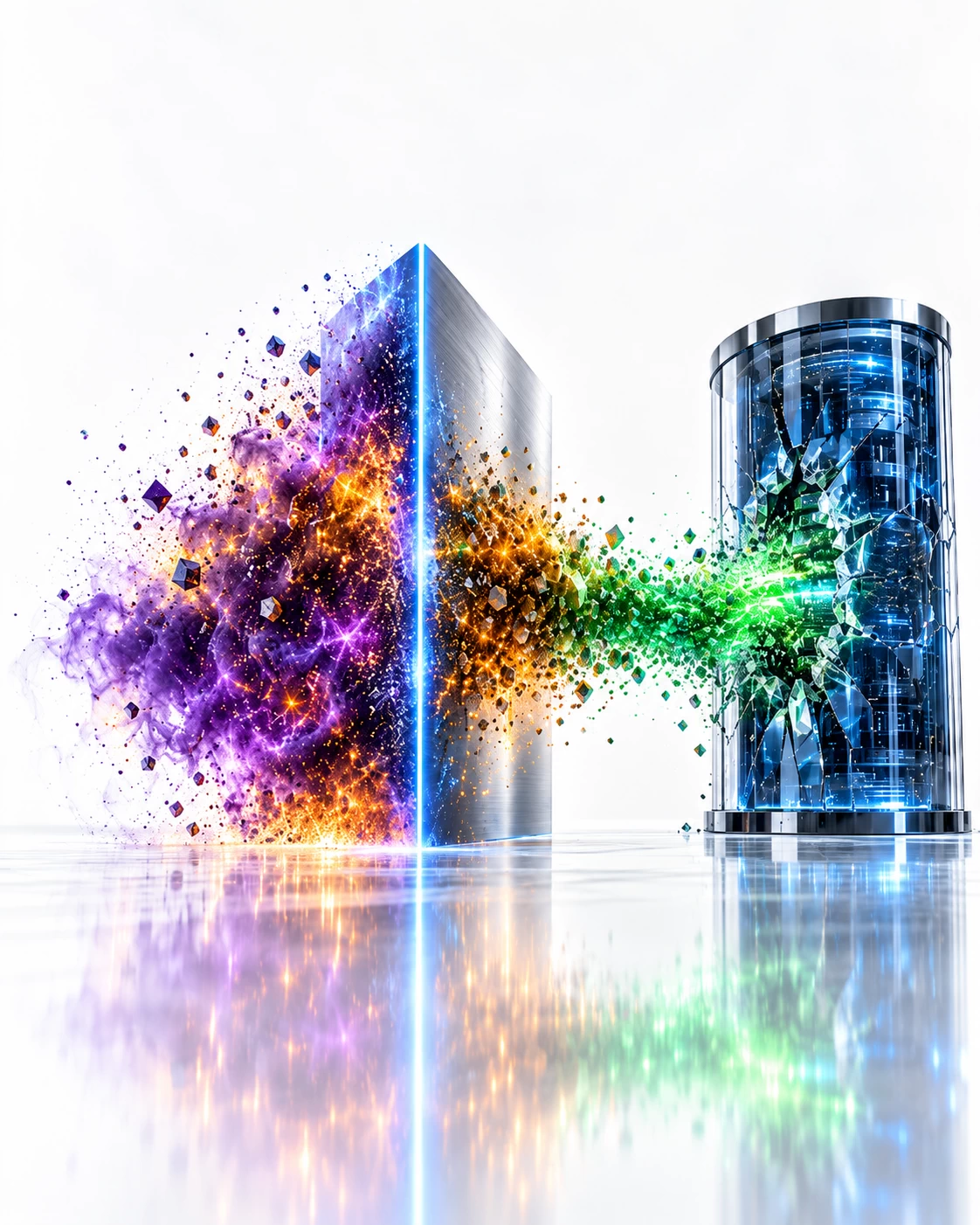 “When victims become the extortion surface” represented by a premium conceptual technology graphic on a reflective white background illustrating external data extortion. A central sapphire glass data cylinder on the right is fractured, allowing a high-velocity stream of data particles to escape outward. This stream morphs from an initial calm green into a volatile cloud of deep amber and royal-purple light representing direct pressure on individuals, which is cleanly intercepted and segmented by a vertical brushed-titanium containment plane outlined in a sharp neon light-blue edge glow.
