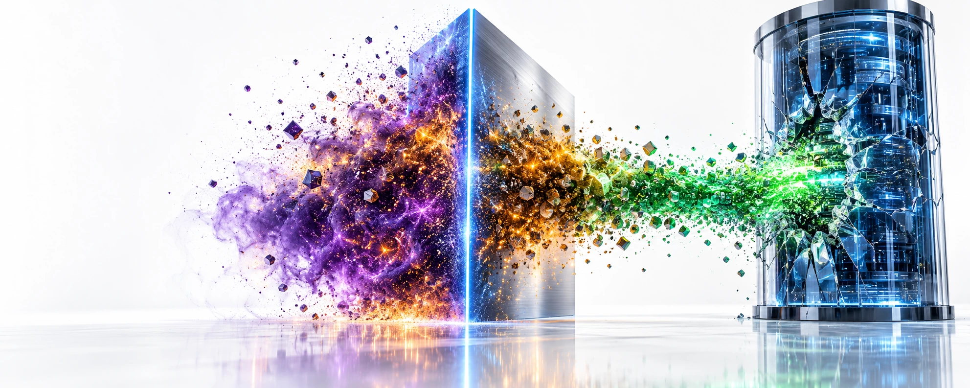 “When victims become the extortion surface” represented by a premium conceptual technology graphic on a reflective white background illustrating external data extortion. A central sapphire glass data cylinder on the right is fractured, allowing a high-velocity stream of data particles to escape outward. This stream morphs from an initial calm green into a volatile cloud of deep amber and royal-purple light representing direct pressure on individuals, which is cleanly intercepted and segmented by a vertical brushed-titanium containment plane outlined in a sharp neon light-blue edge glow.