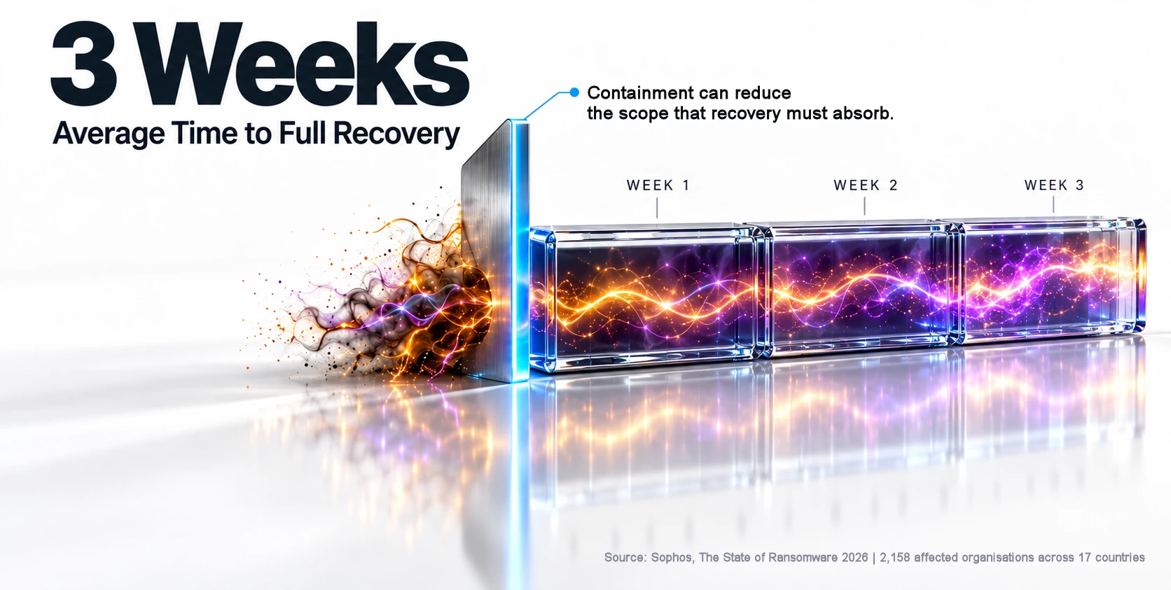 Infographic showing a three-week ransomware recovery timeline, where a blue containment barrier reduces the scope of disruption entering a three-block recovery sequence.