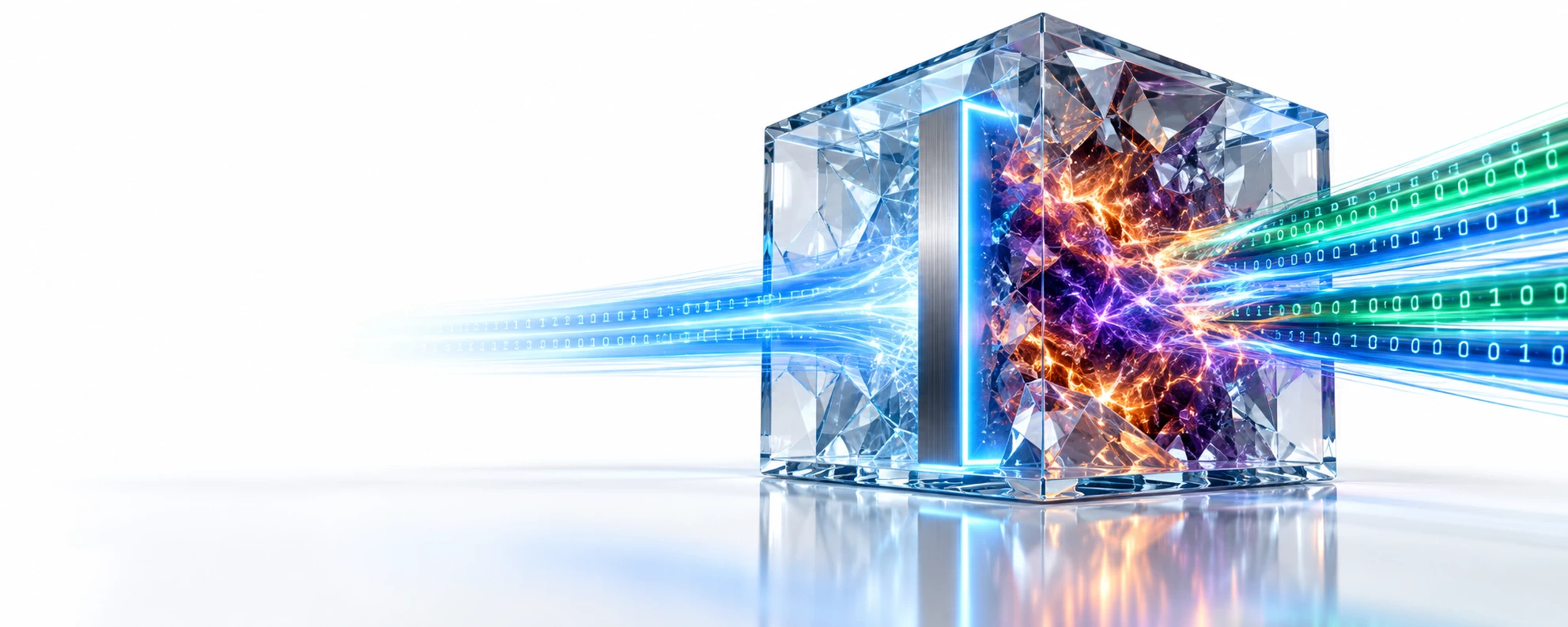 A premium conceptual technology graphic on a reflective white background illustrating the illusion of system availability. A geometric sapphire glass cube on the right appears perfectly intact on the outside, but contains an internal structural fracture where incoming data streams instantly transform into a volatile orange and purple electrical threat. This internal pollution is completely trapped and isolated by an integrated vertical brushed-titanium barrier outlined in a sharp neon light-blue containment line, ensuring the data pathways extending to the far left remain perfectly clear, secure, and filled with a calm blue binary stream.