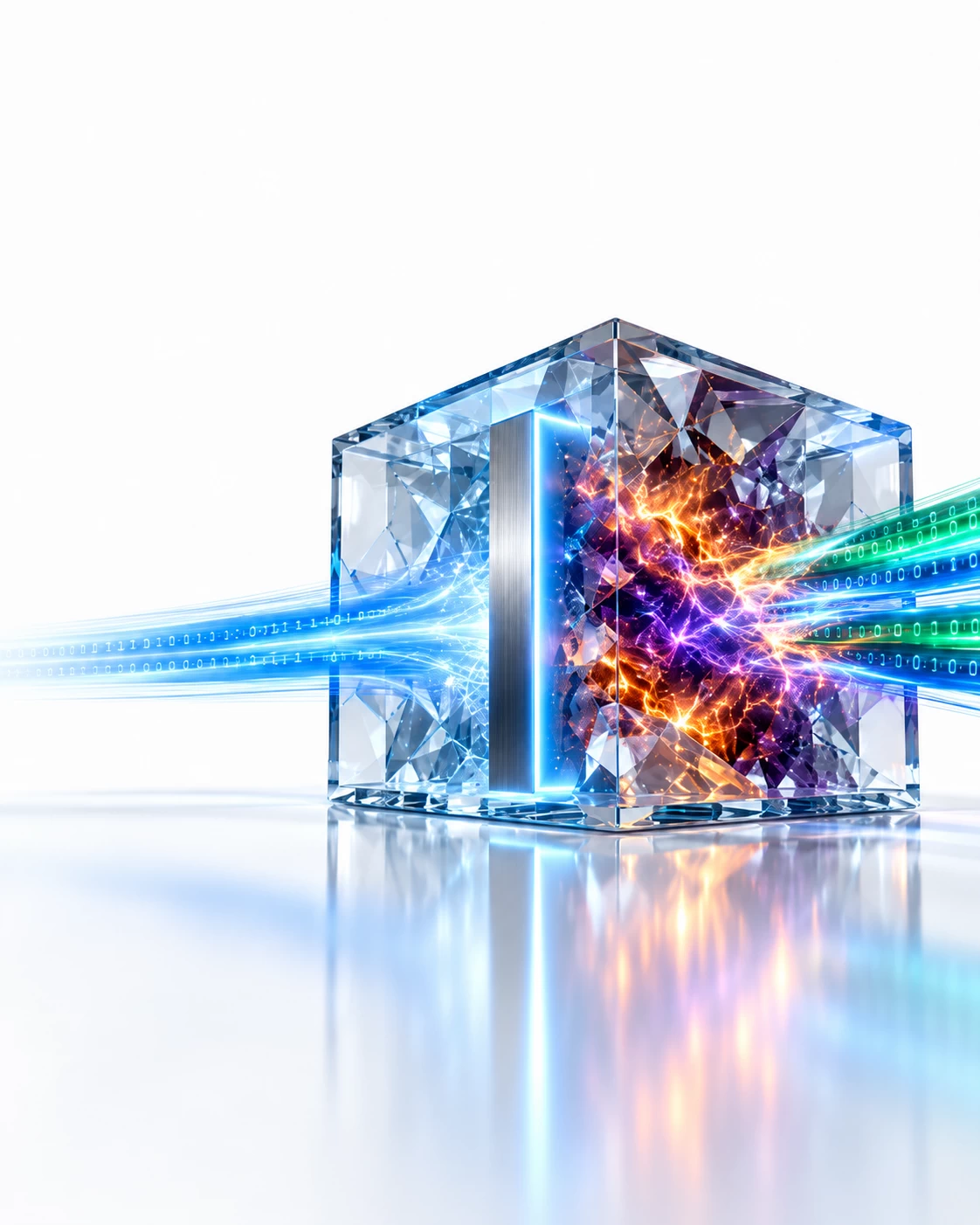 A premium conceptual technology graphic on a reflective white background illustrating the illusion of system availability. A geometric sapphire glass cube on the right appears perfectly intact on the outside, but contains an internal structural fracture where incoming data streams instantly transform into a volatile orange and purple electrical threat. This internal pollution is completely trapped and isolated by an integrated vertical brushed-titanium barrier outlined in a sharp neon light-blue containment line, ensuring the data pathways extending to the far left remain perfectly clear, secure, and filled with a calm blue binary stream.
