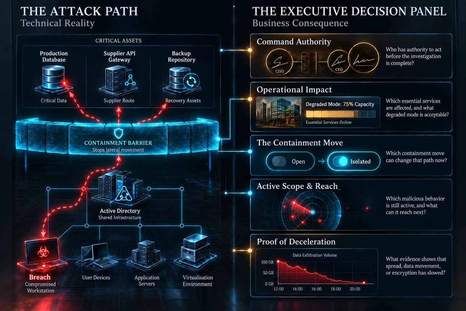 Cybersecurity containment infographic showing how a workstation breach can spread through shared infrastructure toward critical assets, while a containment barrier interrupts the attack path and turns the sequence into an executive decision on authority, operational impact, scope and proof of deceleration.