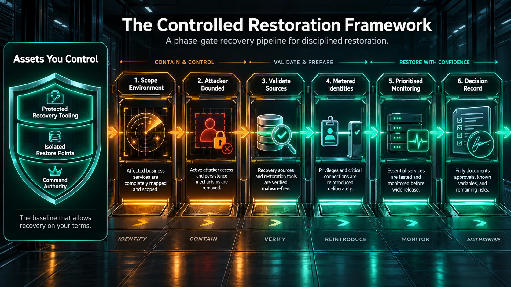 Controlled restoration framework showing how isolated restore points, protected recovery tooling and command authority support disciplined ransomware recovery.