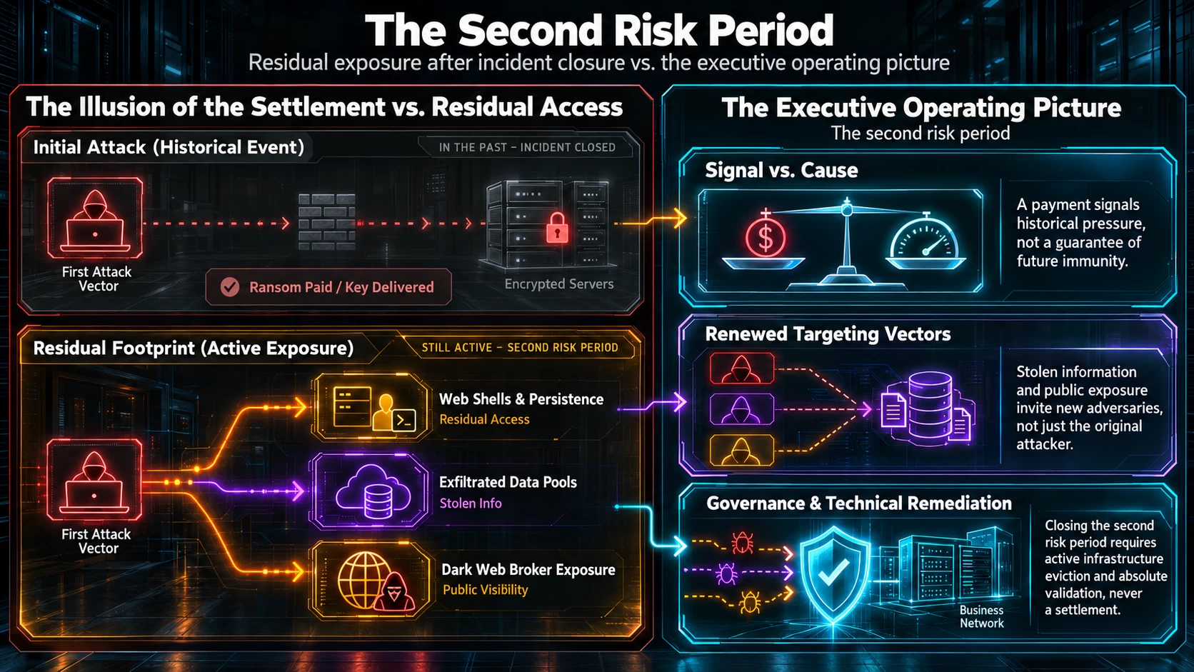 Cyber risk infographic showing that a ransom payment does not end exposure, as residual access, stolen data and remediation risks can remain active.