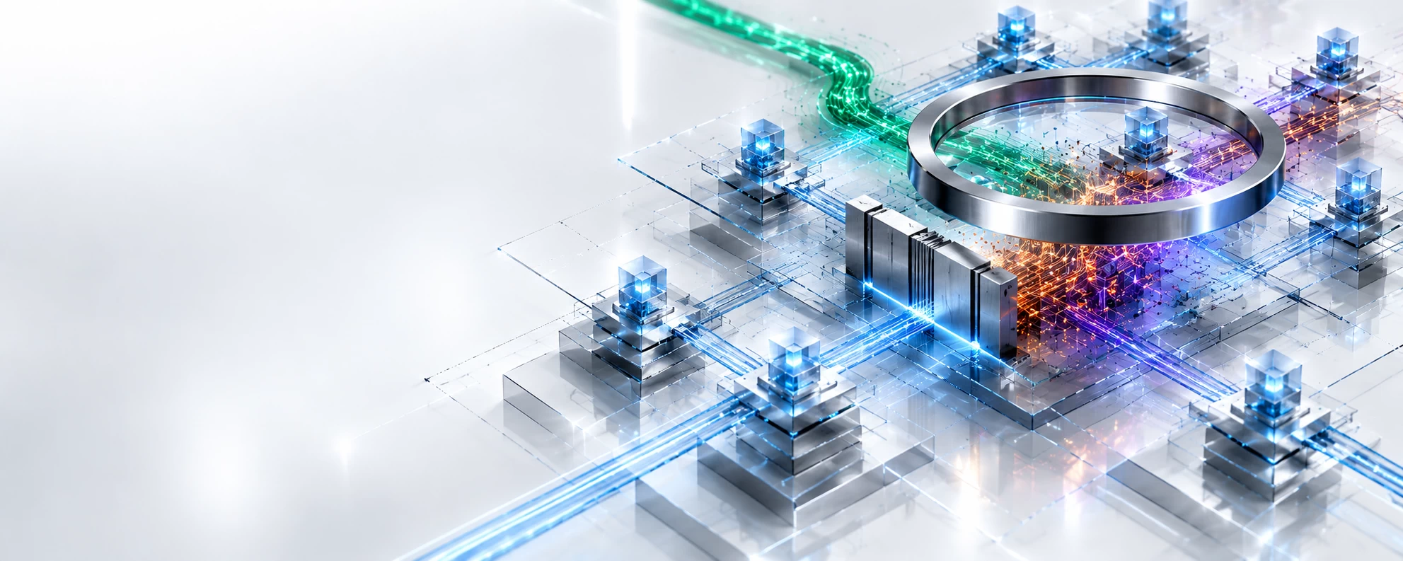 A premium conceptual technology graphic on a reflective white background demonstrating reconnaissance containment. A multi-layered sapphire glass infrastructure model on the right is silently mapped by an adversary's unverified amber and purple wireframe network. A large titanium magnifying lens hovers above to illustrate stealthy tracking, while a vertical brushed-titanium containment block outlined in a sharp neon light-blue line cleanly intercepts and isolates the amber reconnaissance vector at a central junction, ensuring the infrastructure pathways extending to the far left remain perfectly clear, secure, and filled with a calm blue light stream.