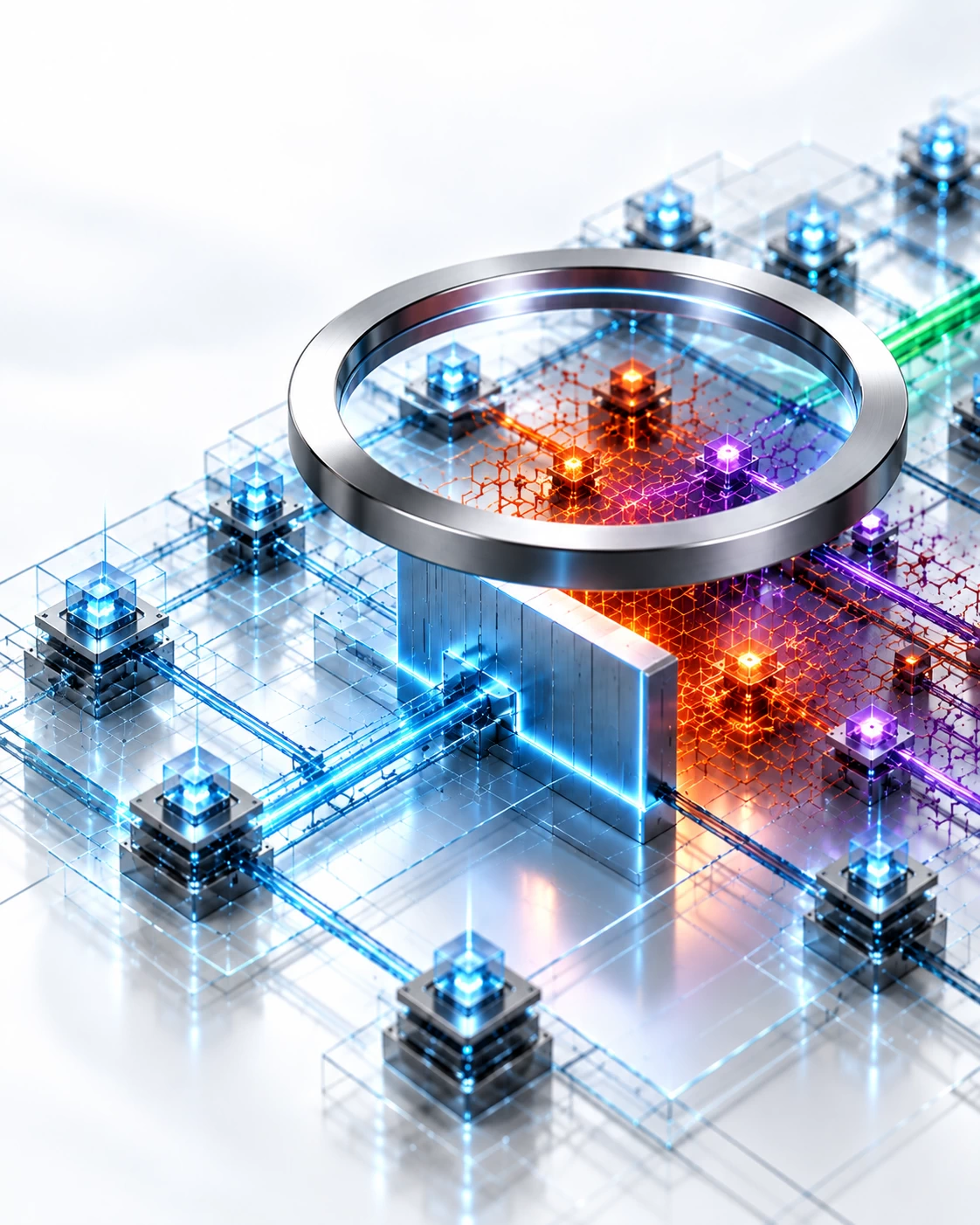 A premium conceptual technology graphic on a reflective white background demonstrating reconnaissance containment. A multi-layered sapphire glass infrastructure model on the right is silently mapped by an adversary's unverified amber and purple wireframe network. A large titanium magnifying lens hovers above to illustrate stealthy tracking, while a vertical brushed-titanium containment block outlined in a sharp neon light-blue line cleanly intercepts and isolates the amber reconnaissance vector at a central junction, ensuring the infrastructure pathways extending to the far left remain perfectly clear, secure, and filled with a calm blue light stream.