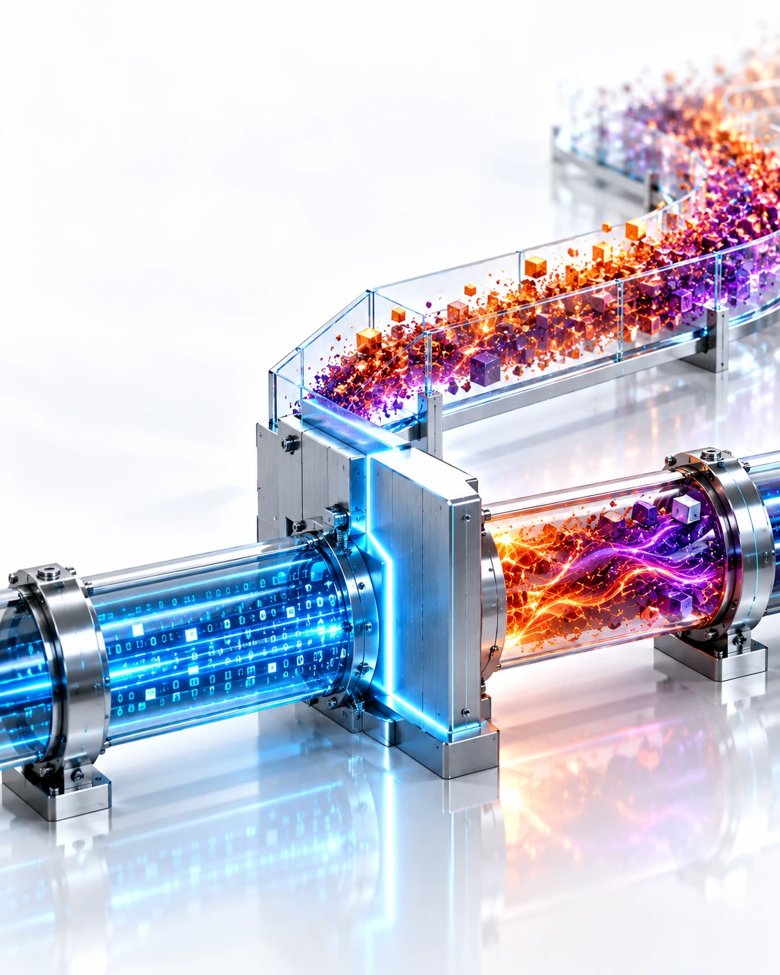 Abstract 3D technology visual showing a titanium data conduit split by a blue containment gate, restoring a calm blue system stream while an upper sapphire channel lets amber and purple data exposure escape beyond recovery.