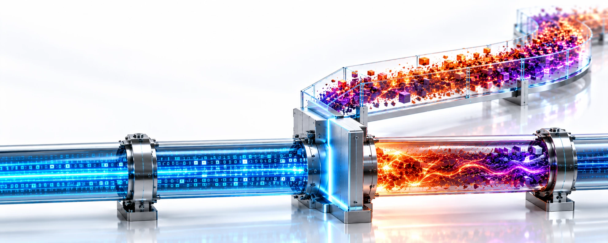 Abstract 3D technology visual showing a titanium data conduit split by a blue containment gate, restoring a calm blue system stream while an upper sapphire channel lets amber and purple data exposure escape beyond recovery.