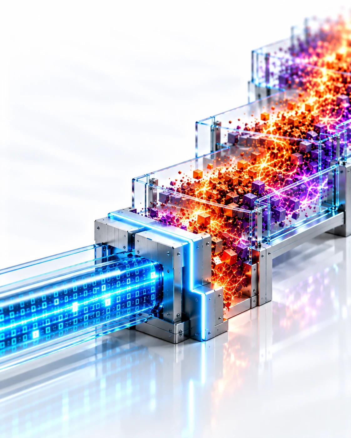 Tiered sapphire structure with amber and purple threat particles stopped by a blue-edged titanium containment block.