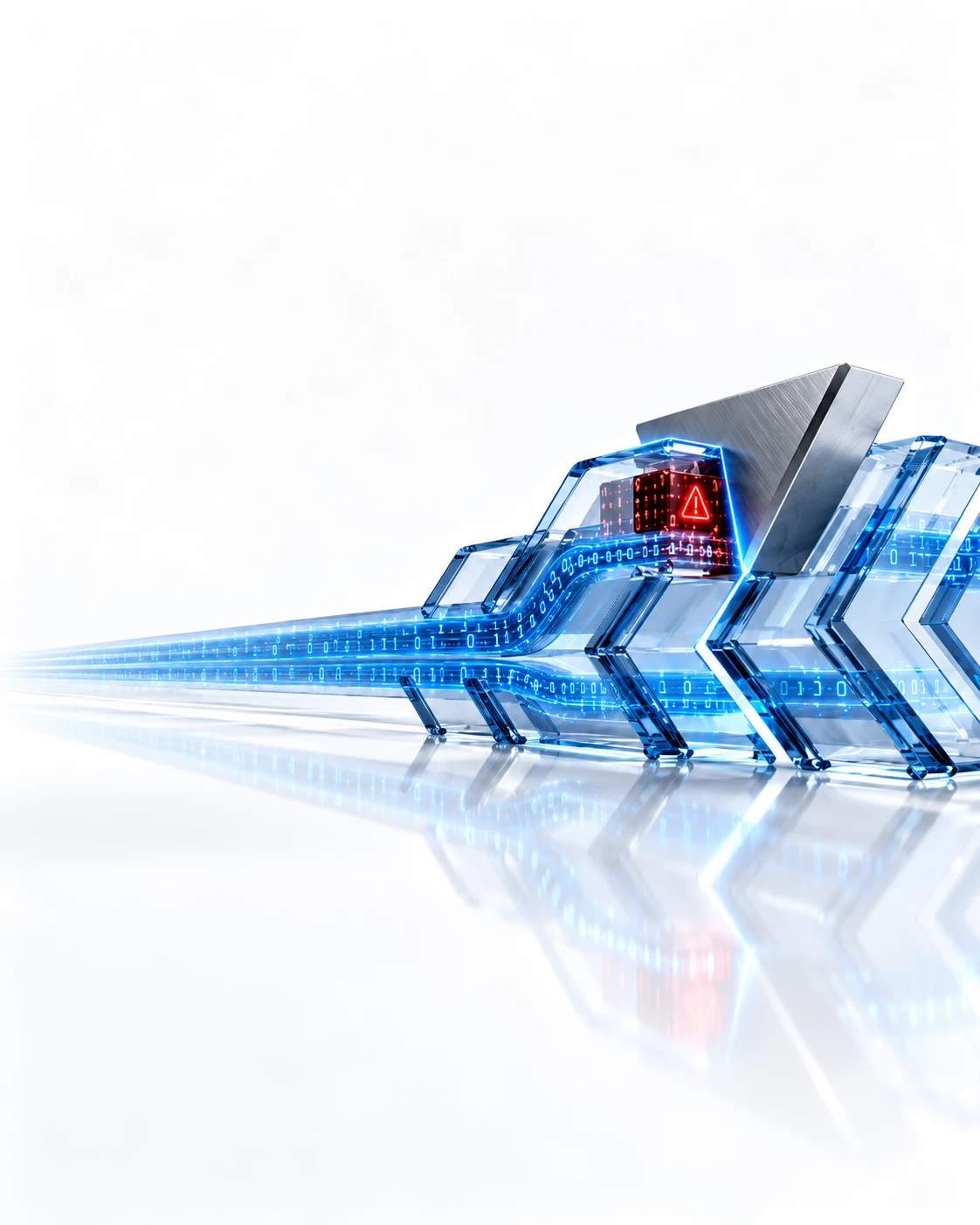 Sapphire data chevrons with a red detection node isolated by a blue-edged titanium containment wedge.