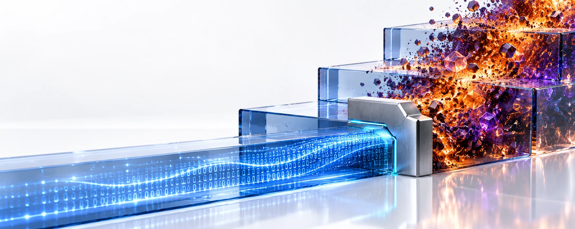 Tiered sapphire structure with amber and purple threat particles stopped by a blue-edged titanium containment block.