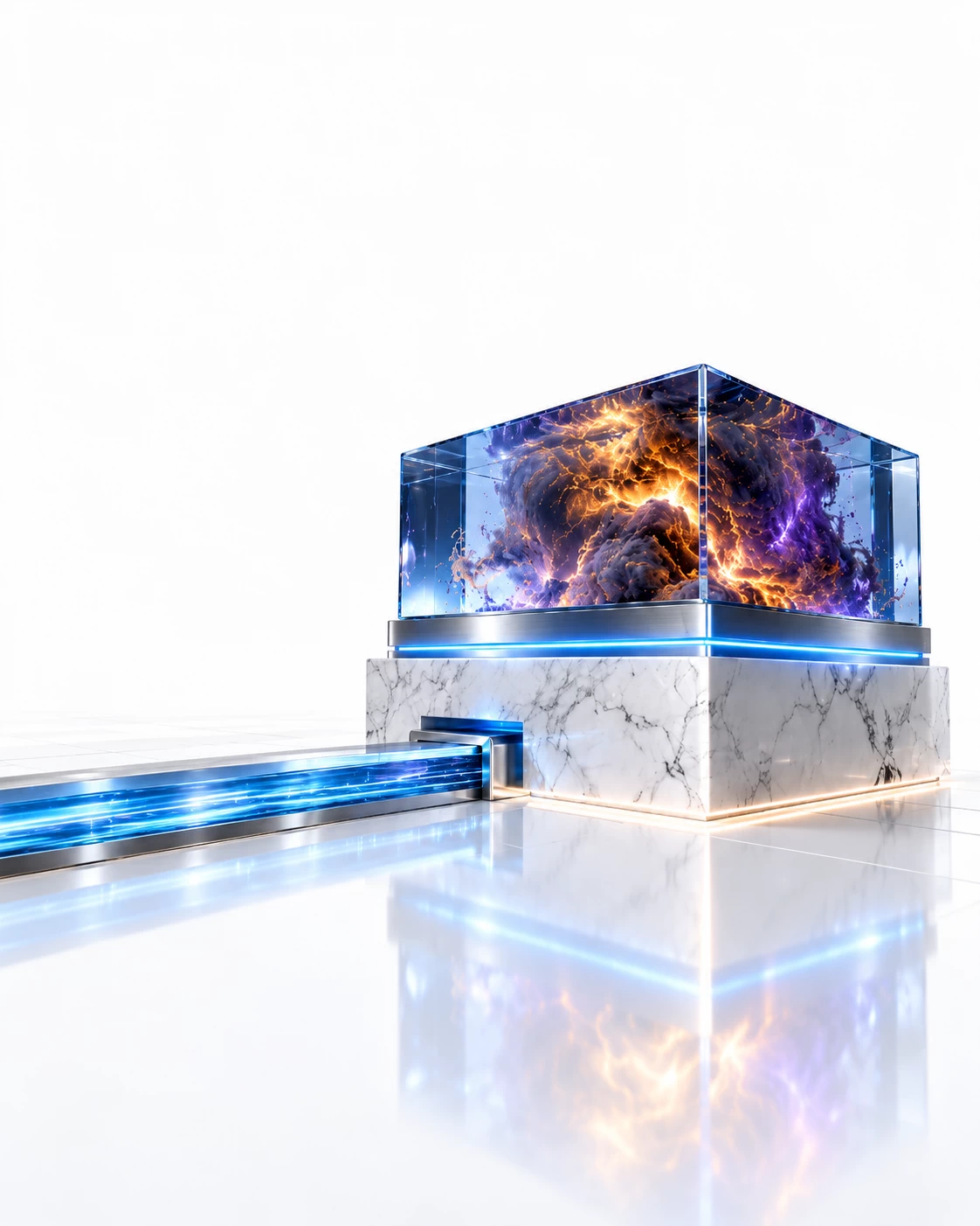 Layered marble and sapphire backup structure with amber and purple threat flow isolated by a blue-edged titanium barrier.